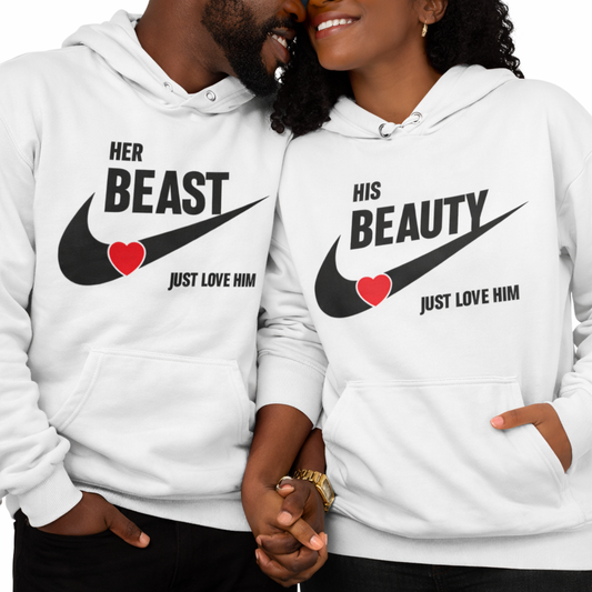 Beauty and Beast Couples Hoodies | White | Matching Valentines Day, Wedding & Anniversary Hoodies