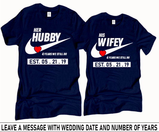 Hubby and Wifey Navy Blue Couple Shirts