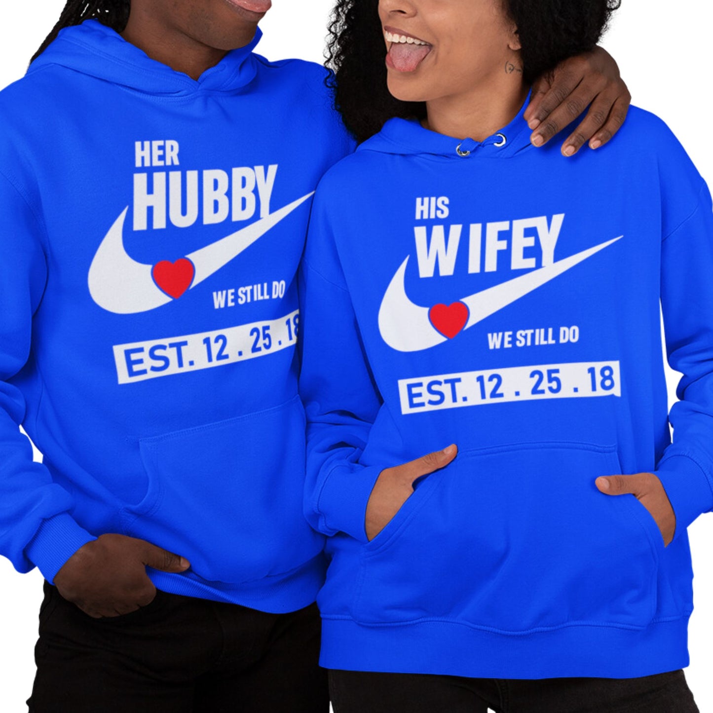 Husband and Wife Couples Hoodies Royal Blue