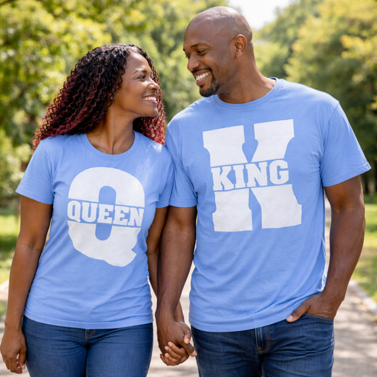 King Queen Matching Couples Shirts | Sky Blue | Romantic Unisex Gifts for Valentines Weddings Anniversaries