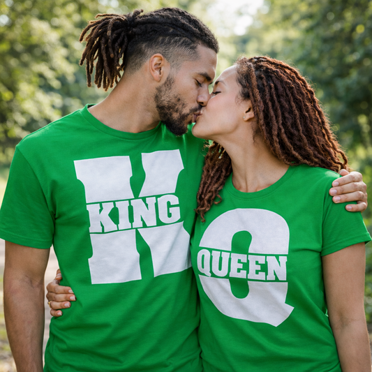 King Queen Matching Couples Shirts | Irish Green | Romantic Unisex Gifts for Valentines Weddings Anniversaries