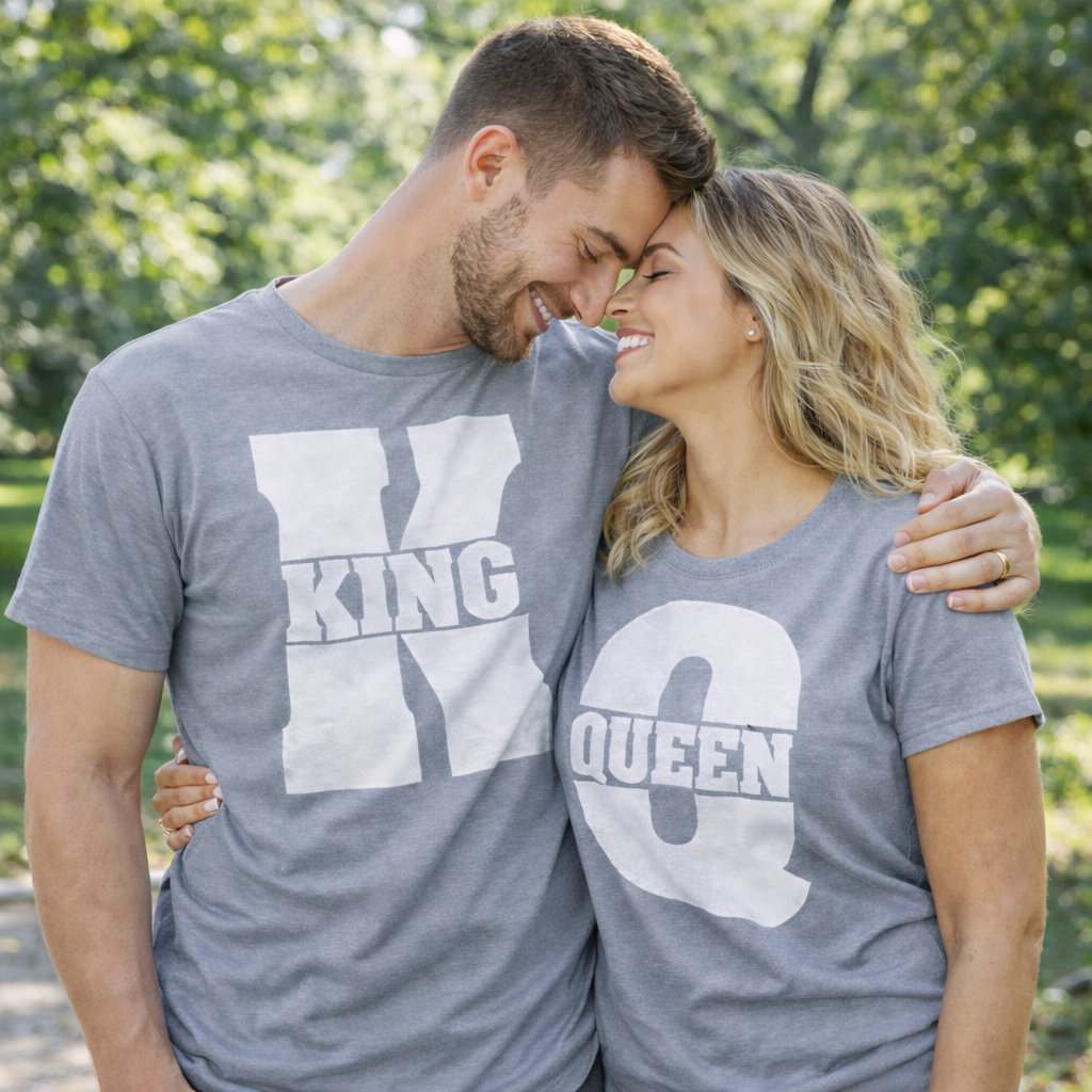 King Queen Matching Couples Shirts | Sports Grey | Romantic Unisex Gifts for Valentines Weddings Anniversaries