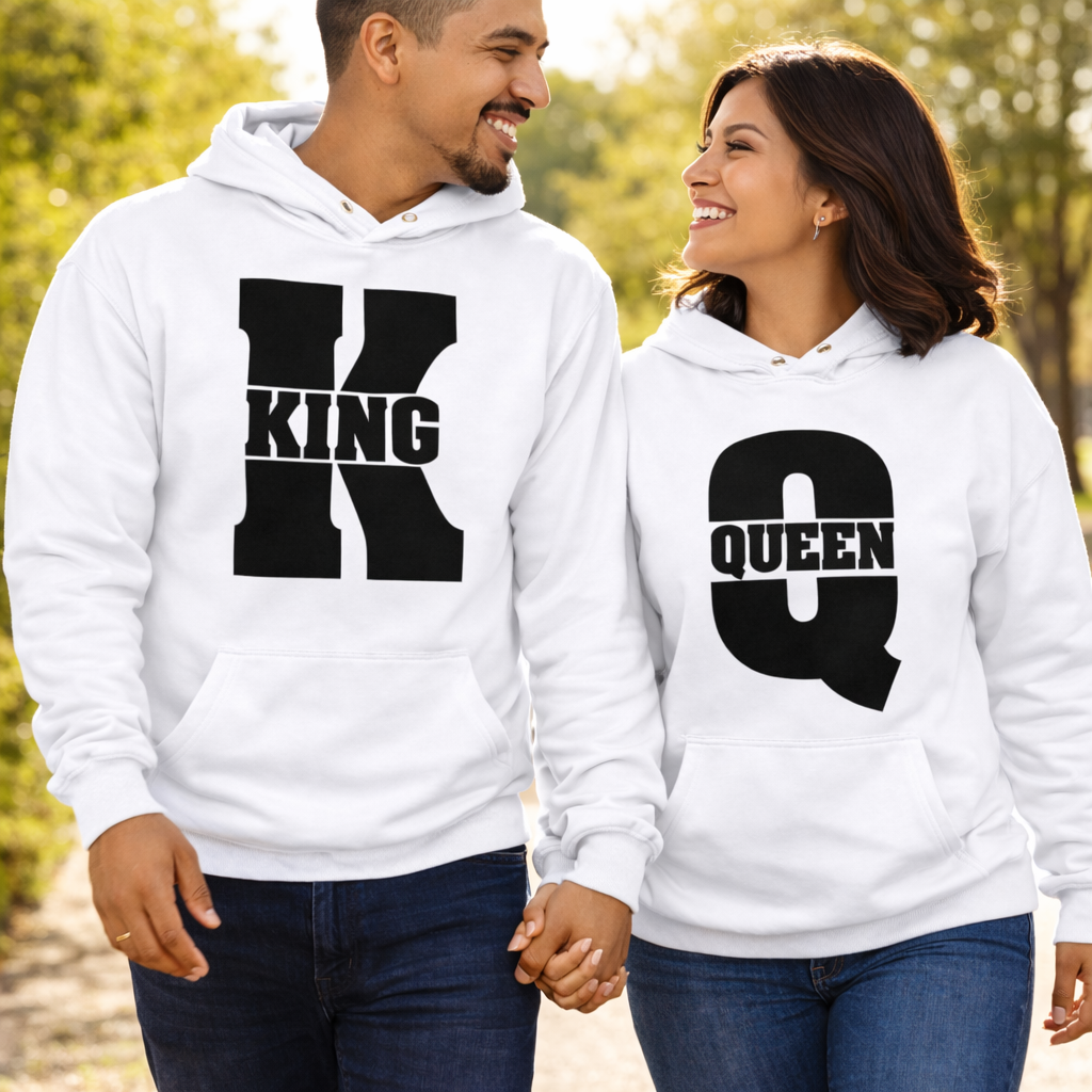 King and Queen Couples Hoodies | White | Matching Valentines Day, Wedding & Anniversary Hoodies